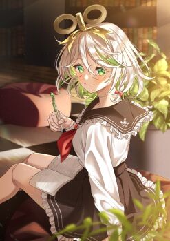  1girl absurdres alternate_costume black_sailor_collar black_skirt blurry blurry_background bow braid cecilia_immergreen colored_inner_hair commentary day doll_joints double-parted_bangs english_commentary frilled_skirt frills glasses green_eyes green_hair grey_hair hair_between_eyes hair_bow hair_ornament highres holding holding_pencil hololive hololive_english indoors joints long_sleeves looking_at_viewer mechanical_pencil miniskirt multicolored_hair neckerchief notebook pencil plant potted_plant red_bow red_neckerchief redpepperoni00 round_eyewear sailor_collar sailor_shirt school_uniform serafuku shirt shirt_tucked_in short_hair side_braid single_braid sitting skirt solo streaked_hair virtual_youtuber white_shirt winding_key 