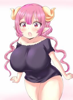  1girl arms_at_sides bare_shoulders black_shirt breasts collarbone cowboy_shot dot_nose dragon_girl dragon_horns eyelashes female_focus gradient_background horns huge_breasts ilulu_(maidragon) kobayashi-san_chi_no_maidragon long_hair looking_at_viewer low_twintails matching_hair/eyes naked_shirt off-shoulder_shirt off_shoulder open_mouth pink_background pink_eyes pink_hair pointy_ears shirt short_sleeves shortstack simple_background solo standing surprised t-shirt twintails two-tone_background unholysoul white_background wide_hips  rating:Sensitive score:1 user:Only_Kemonomimi