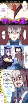  1boy 1girl 4koma arms_under_breasts between_breasts blush breasts camilla_(fire_emblem) cleavage comic fire_emblem fire_emblem_fates food_between_breasts grey_hair hair_over_one_eye highres large_breasts long_hair nervous nervous_sweating nintendo older_female_and_younger_male one_eye_covered purple_hair red_eyes simple_background speech_bubble strap_between_breasts sweat takumi_(fire_emblem) tiara wavy_hair wc_unko 