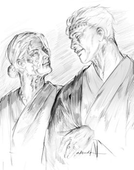  1boy 1girl artist_name character_request closed_eyes closed_mouth commentary english_commentary greyscale hair_bun highres japanese_clothes jewelry jujutsu_kaisen lips looking_at_another monochrome ndsoda nose old old_man old_woman ring scar short_hair stitched_forehead upper_body 