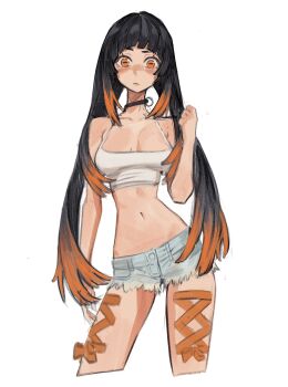  1girl absurdres amo_empool black_choker black_hair blue_shorts breasts breasts_apart choker closed_mouth corset_piercing expressionless gachiakuta highres long_hair looking_at_viewer medium_breasts orange_eyes orange_hair orange_ribbon ribbon shorts simple_background solo tank_top tefi_blum white_background white_tank_top 