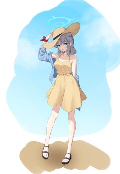  1girl adjusting_clothes adjusting_headwear alternate_costume animal_ear_fluff animal_ears arm_ribbon armpit_peek bare_shoulders beach black_sandals blue_archive blue_eyes blue_halo blue_jacket blush breasts cleavage cross_hair_ornament dress ear_piercing feet hair_ornament halo hat jacket looking_at_viewer medium_breasts medium_hair mismatched_pupils nether_nt open_mouth piercing ribbon sandals shiroko_(blue_archive) sidelocks solo sun_hat white_hair wolf_ears wolf_girl yellow_dress 
