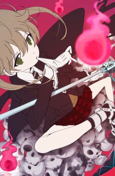  1girl black_boots black_cloak black_jacket black_necktie boots brown_hair brown_sweater_vest cloak doku_momo fire from_above glove_pull gloves green_eyes hitodama jacket long_hair long_sleeves looking_at_viewer maka_albarn mouth_hold necktie pile_of_skulls red_background red_skirt school_uniform scythe shirt sitting skirt skull soul_eater striped_clothes striped_necktie sweater_vest twintails white_gloves white_shirt 