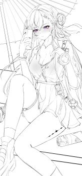  1girl absurdres blush bra_visible_through_clothes braid braided_bangs breasts can cellphone cleavage commentary drink_can earrings hair_ornament hand_up high-waist_skirt highres holding holding_phone hot id_card jewelry knee_up large_breasts lastfor lineart long_hair lynae_(wuthering_waves) necklace oil-paper_umbrella parted_lips phone purple_eyes revision see-through_clothes see-through_shirt shirt shirt_tucked_in sitting skirt skull_hair_ornament smartphone solo star_(symbol) star_earrings sweat sweatdrop tacet_mark_(wuthering_waves) thigh_strap thighs umbrella wuthering_waves 