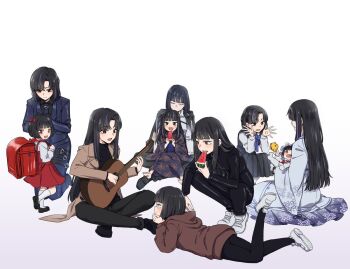  6+girls :d aged_down aged_up ankle_socks araya_(project_moon) baby backpack bag barefoot black_jacket black_leggings black_pants black_shirt black_shoes black_skirt black_sweater black_vest blue_bow blue_bowtie blue_jacket blue_kimono blue_necktie blue_pants blue_sash blue_streaks blue_suit blunt_bangs blush bow bowtie brown_jacket butterfly_print_kimono carrying carrying_baby carrying_person child closed_eyes closed_mouth commentary curtained_hair dress english_commentary food formal_clothes fruit futou_ryouko grey_eyes guitar hair_bow hand_on_own_chin hand_up hashtag-only_commentary headdress holding holding_food holding_fruit holding_strap holding_toy holding_watermelon hood hoodie indian_style instrument jacket jacket_on_shoulders japanese_clothes kimono lapels leg_up leggings limbus_company long_hair long_sidelocks long_sleeves lying mother_and_daughter multiple_girls multiple_persona music necktie notched_lapels obi on_lap on_stomach open_clothes open_hands open_jacket open_mouth pants peekaboo pinafore_dress playing_guitar playing_instrument pleated_skirt project_moon randoseru red_bag red_bow red_dress red_eyes red_hoodie ryoshu_(project_moon) sash school_uniform seiza shirt shoes short_hair sidelocks simple_background sitting skirt sleeveless sleeveless_dress smile sneakers socks spoilers squatting stuffed_animal stuffed_duck stuffed_toy suit suit_jacket sweater the_pose thigh_strap tie_clip time_paradox toes toy track_jacket track_pants vest watermelon watermelon_slice white_background white_shirt white_shoes white_socks wide_sleeves 