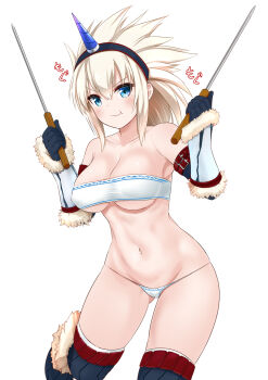  1girl :t arm_belt bandeau bare_shoulders belt belt_buckle black_gloves black_hairband black_thighhighs blue_eyes blush breasts buckle cameltoe cleavage closed_mouth collarbone cowboy_shot eating female_focus fur_trim gloves groin hair_between_eyes hairband hands_up highres holding horns kirin_(armor) large_breasts legs_apart long_hair lowleg lowleg_panties midriff mint_(cerbi) monster_hunter:_world monster_hunter_(series) navel panties red_belt simple_background single_horn skewer solo standing stomach strapless thighhighs underboob underwear v-shaped_eyebrows white_background white_hair white_panties  rating:Questionable score:27 user:danbooru