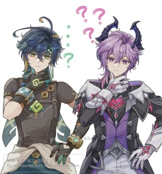  2boys ? ?? arm_tattoo black_coat black_gloves black_hair black_jacket blonde_hair brown_shirt closed_mouth clothes_around_waist coat commentary_request dragon_horns durin_(genshin_impact) genshin_impact gloves green_eyes green_gloves green_hair green_headband hawaiian_shirt headband horns jacket kinich_(genshin_impact) long_hair long_sleeves male_focus multicolored_gloves multicolored_hair multiple_boys pink_eyes purple_hair shirt short_hair skg_g streaked_hair tattoo two-tone_gloves white_gloves 