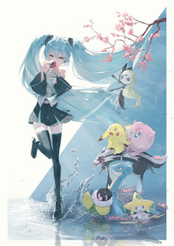  1girl absurdres aqua_eyes aqua_hair aqua_necktie bare_shoulders black_skirt black_sleeves breasts chatot closed_mouth collarbone collared_shirt commentary_request contrast_collar dekrjan detached_sleeves full_body galarian_form galarian_linoone gen_1_pokemon gen_3_pokemon gen_4_pokemon gen_5_pokemon gen_8_pokemon grey_shirt hair_between_eyes hair_ornament hatsune_miku hatsune_miku_(vocaloid6) heart heart_hair_ornament highres holding holding_poke_ball jigglypuff jirachi lapras legendary_pokemon long_hair long_sleeves looking_at_viewer looking_up meloetta meloetta_(aria) mythical_pokemon necktie pikachu poke_ball shirt skirt sleeveless sleeveless_shirt small_breasts smile standing standing_on_one_leg twintails very_long_hair vocaloid wading wide_sleeves 