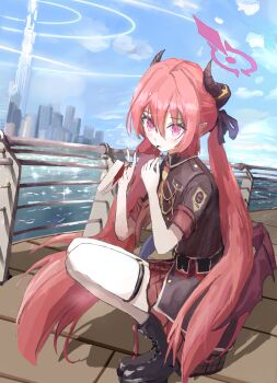  1girl absurdres black_boots black_ribbon blue_archive blue_sky boots cityscape cloud demon_horns demon_wings eating fence flat_chest food hair_between_eyes halo highres hira15623 holding horns iron_fence junko_(blue_archive) long_hair pillar_of_light pocky pointy_ears red_eyes red_hair red_halo ribbon shirt skirt sky solo squatting twintails very_long_hair water wings 