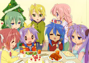  6+girls :3 =_= absurdres ahoge alternate_costume artbook blonde_hair blue_eyes blue_overalls bow_hairband cake casual chicken_(food) chopsticks christmas_tree comedic_sweatdrop dessert dinner food fruit gift glass green_eyes green_hair hair_between_eyes hairband highres hiiragi_kagami hiiragi_tsukasa holding holding_gift holding_party_popper holding_plate indoors iwasaki_minami izumi_konata juice kobayakawa_yutaka kuroi_nanako lace-trimmed_collar lace_trim long_hair lucky_star meal multiple_girls official_art on_floor open_mouth overalls party_popper pink_hair pink_sweater plate pom_pom_(clothes) profile purple_eyes purple_hair raglan_sleeves red_hair red_sweater salad scan short_hair siblings sisters sitting standing strap_slip strawberry striped_clothes striped_sweater sweatdrop sweater table takara_miyuki two-handed wide_oval_eyes yellow_hairband yellow_sweater 