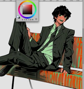  1boy :d animification art_program_in_frame bench black_eyes black_jacket black_shoes blush collared_shirt commentary_request dimple dress_pants dress_shoes fangs formal_clothes full_body george_harrison highres jacket korean_commentary lapels long_sleeves looking_at_viewer male_focus open_mouth pants pinstripe_jacket pinstripe_pants pinstripe_pattern real_life shirt shoes short_hair shoulder_pads sitting smile solo suit suit_jacket tareme the_beatles thick_eyebrows white_shirt zofkrr 