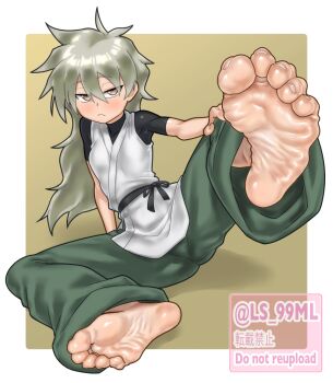  1girl artist_name barefoot brown_eyes closed_mouth dougi feet female_focus foot_focus foreshortening green_pants grey_hair hand_on_own_knee jitome kunoichi_tsubaki_no_mune_no_uchi legs_up long_hair looking_at_viewer oniyuri_(kunoichi_tsubaki_no_mune_no_uchi) paid_reward_available pants short_sleeves soles solo spread_legs thighs toe_scrunch toes tsukimaru_(ls_99ml) undershirt very_long_hair  rating:Sensitive score:8 user:MonsieurCinq