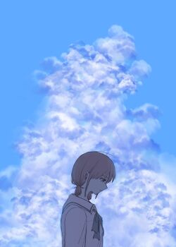  1girl brown_hair closed_mouth cloud commentary_request cumulonimbus_cloud girls_band_cry grcr_pometa1118 highres iseri_nina low_twintails school_uniform short_hair short_twintails solo twintails upper_body wireless_earphones 