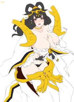  1girl absurdres amaterasu_(nyanko_daisensou) areola_slip black_hair black_panties blush breasts bright_pupils cleavage commentary_request cow_coconut hair_flaps hair_ribbon highres huge_breasts long_hair looking_at_viewer nyanko_daisensou open_mouth panties ribbon signature simple_background solo thighhighs underwear variant_set white_background white_pupils white_thighhighs 