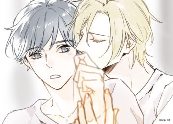  2boys ash_lynx banana_fish black_eyes black_hair blonde_hair blurry blurry_foreground blush closed_eyes commentary_request depth_of_field grey_eyes holding_hands kiss kissing_cheek male_focus multiple_boys okumura_eiji open_mouth pale_color parted_lips shirt short_hair twitter_username upper_body white_shirt yaoi ykmr_(haga) 