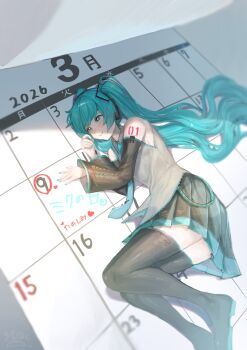  1girl 39 2026 ao_hoshi aqua_eyes aqua_hair aqua_nails aqua_necktie aqua_trim bare_shoulders black_boots black_skirt black_sleeves boots breasts calendar_(object) closed_mouth collared_shirt commentary_request dated detached_sleeves dot_nose grey_shirt hair_ornament hatsune_miku headphones heart highres long_hair lying miku_day necktie number_tattoo on_side pleated_skirt shirt simple_background skirt sleeveless sleeveless_shirt small_breasts smile solo tattoo thigh_boots thighhighs twintails very_long_hair vocaloid white_background zettai_ryouiki 