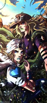  2boys absurdres beanie beard blonde_hair blue_eyes blue_lips blue_pants brown_hat cape commentary cowboy_hat english_commentary facial_hair goggles goggles_on_headwear grass green_cape green_lips gyro_zeppeli hat heart_ornament highres hood hoodie horse_print horseshoe_hat_ornament horseshoe_ornament johnny_joestar jojo_no_kimyou_na_bouken long_hair looking_at_viewer male_focus medium_hair mountain multiple_boys noonvincent orange_sleeves pants parted_lips purple_shirt purple_sleeves recolored red_sleeves shirt short_sleeves star_(symbol) steel_ball_run teeth two-tone_sleeves two-tone_wristband white_hat white_hoodie white_sleeves 