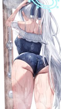 1girl absurdres arms_up ass back blue_archive blue_halo blue_one-piece_swimsuit bow breasts commentary_request enoha frilled_one-piece_swimsuit frills from_behind hair_bow halo hand_in_own_hair highres long_hair miyako_(blue_archive) miyako_(swimsuit)_(blue_archive) off-shoulder_one-piece_swimsuit off_shoulder official_alternate_costume one-piece_swimsuit ponytail shower_(place) showering simple_background small_breasts solo standing swimsuit thighs very_long_hair wet white_background white_hair rating:Sensitive score:41 user:danbooru