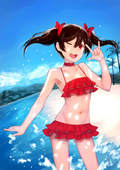  10s 1girl bad_id bad_pixiv_id beach bikini black_hair blue_sky choker day female_focus flat_chest frilled_bikini frills long_hair love_live! love_live!_school_idol_project m/ mono_(dongxuyi147) navel ocean one_eye_closed outdoors red_bikini red_eyes ruffle_bikini shiny_skin sky smile solo swimsuit twintails wading wink yazawa_nico  rating:Sensitive score:15 user:danbooru