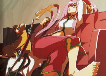  1boy 1girl animal_hood arc_system_works barefoot blazblue candy capri_pants cat_hood cat_tail father_and_daughter feet food glasses hood jubei_(blazblue) kokonoe_(blazblue) lollipop long_hair pants pink_hair red_pants tail  rating:Sensitive score:46 user:danbooru