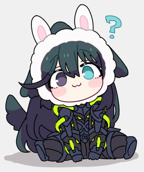  1boy :3 ? animal_ear_hairband animal_ears aqua_eyes black_eyes black_gloves black_hair chibi closed_mouth dog_ears dog_tail fake_animal_ears gloves hairband heterochromia highres hong_lu_(project_moon) k_corp._(identity)_(project_moon) limbus_company long_hair project_moon rabbit_ear_hairband rabbit_ears shiki_(shikki46) simple_background sitting smile solo tail very_long_hair white_background 