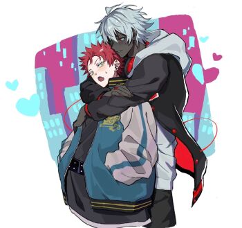  2boys :o ahoge ak_110526 arms_around_neck belt black_belt black_jacket black_kimono black_pants blue_jacket blush border building choppy_bangs city colored_skin commentary cropped_legs dark_persona digital_dissolve ear_piercing eye_contact fang fingernails front-to-back glowing_trim gold_trim green_eyes grey_skin hair_between_eyes hand_on_another's_chest hand_on_own_arm hands_in_pockets harai_kuko headphones headphones_around_neck heads_together heart heterochromia hood hood_down hoodie hug hug_from_behind hypnosis_mic hypnosis_mic:_dream_rap_battle jacket jacket_over_hoodie jacket_over_kimono japanese_clothes juban kimono letterman_jacket long_sleeves looking_at_another looking_to_the_side loose_hair_strand loving_aura male_focus mole mole_under_eye multicolored_jacket multiple_boys multiple_piercings official_alternate_costume open_clothes open_jacket outdoors outside_border pale_skin pants parted_lips piercing piercing_hole pink_sky plug_(piercing) raised_eyebrows red_eyes red_trim short_hair sideways_glance skin_fang sky small_sweatdrop spiked_hair studded_belt sukajan two-sided_fabric two-sided_jacket two-tone_jacket very_short_hair white_border white_hair white_hoodie white_jacket yamada_ichiro yaoi yellow_eyes 