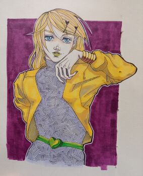  1girl aku_no_musume_(vocaloid) araki_hirohiko_(style) arthborgia belt blonde_hair blue_eyes cosplay crossover dio_brando dio_brando_(cosplay) evillious_nendaiki green_belt green_lips grey_sweater hair_ornament hairclip heart heart_hair_ornament heart_ornament highres jacket jojo_no_kimyou_na_bouken kagamine_rin marker_(medium) medium_hair open_clothes open_jacket parody parted_lips purple_background riliane_lucifen_d'autriche smug solo style_parody sweater swept_bangs time_stop traditional_media trait_connection turtleneck turtleneck_sweater vocaloid wiping_face yellow_jacket za_warudo 