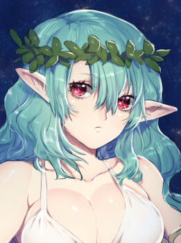  1girl aqua_hair armlet bare_shoulders breasts closed_mouth collarbone elf hair_between_eyes highres jewelry laurel_crown long_hair murata_tefu original pointy_ears red_eyes shiny_skin solo upper_body  rating:Sensitive score:11 user:danbooru