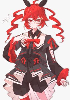  1girl blush bow closed_mouth commentary hair_ornament hand_on_own_chest highres kasane_teto long_sleeves looking_at_viewer monocle ramie_li red_bow red_eyes red_hair signature simple_background smile solo symbol-only_commentary twintails utau white_background 