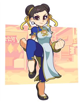  1girl blue_bodysuit bodysuit bracelet breasts brown_eyes brown_hair capcom chinese_clothes chun-li clenched_hands commentary cornflowerblue double_bun earrings english_commentary fighting_stance hair_bun highres jewelry looking_at_viewer pants pelvic_curtain ribbon short_hair solo standing standing_on_one_leg street_fighter street_fighter_6 thick_thighs thighs tight_clothes tight_pants unitard yellow_ribbon 