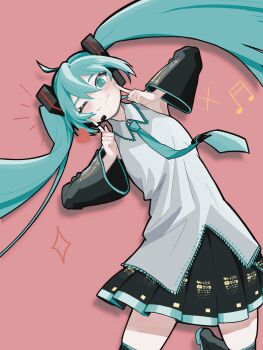  1girl absurdres ahoge aono_leo1 aqua_eyes aqua_hair aqua_nails aqua_necktie black_skirt blush closed_mouth collared_shirt commentary_request detached_sleeves eyelashes fingernails fingers_to_cheeks grey_shirt hair_between_eyes hatsune_miku headset heart highres long_hair musical_note nail_polish necktie notice_lines one_eye_closed pink_background shirt simple_background skirt smile solo twintails vocaloid 
