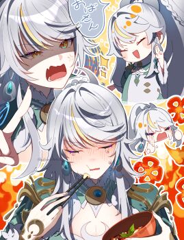  1girl anger_vein angry blonde_hair blush bowl breasts chopsticks cleavage closed_eyes commentary_request crying eating fire genshin_impact gradient_background green_shrug grey_hair highres holding holding_bowl holding_chopsticks medium_breasts multicolored_hair multiple_views nara_nakiri open_mouth outline pointing ponytail shrug_(clothing) smile sparkle streaked_hair streaming_tears t_t tears translation_request yellow_background yellow_eyes zibai_(genshin_impact) 