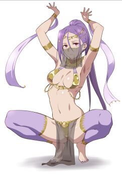  1girl anklet arabian_clothes arm_up armlet armpits arms_behind_head arms_up barefoot belly_dancing bracelet breasts commentary dancer dancing feet harem_outfit highres jewelry long_hair looking_at_viewer mito_(sao) mouth_veil navel neck_ring ponytail puge purple_hair red_eyes revealing_clothes sword_art_online sword_art_online_progressive veil 