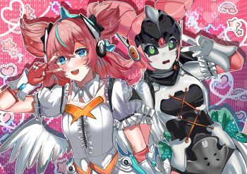  :d aqua_hair artificial_eye black_sclera blue_eyes blue_sealad blush colored_sclera commentary detached_collar dress english_commentary feathered_wings fingerless_gloves frilled_sleeves frills gloves green_eyes hair_ornament heart highres mechanical_arms mechanical_eye multicolored_hair open_mouth pink_gloves pink_hair rainbow robot_girl short_sleeves smile star-shaped_pupils star_(symbol) symbol-shaped_pupils teeth upper_teeth_only v v_over_eye white_dress wings yutane_johiel zenless_zone_zero 