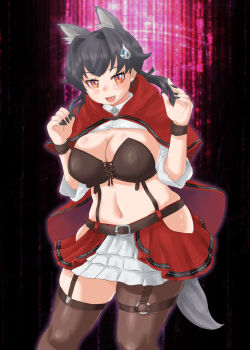  1girl animal_costume animal_ears black_hair black_pantyhose black_thighhighs bobabo breasts capelet clothing_cutout cosplay garter_straps hair_ornament halloween_costume highres hip_vent hood hood_down hooded_capelet jingei_(kancolle) jingei_kai_(halloween)_(kancolle) kantai_collection large_breasts legwear_garter little_red_riding_hood_(fairy_tale_character) little_red_riding_hood_(fairy_tale_character)_(cosplay) long_hair looking_at_viewer miniskirt navel official_alternate_costume pantyhose plump red_capelet red_eyes red_hood single_garter_strap single_leg_pantyhose single_legwear_garter single_thighhigh skirt solo tail thighhighs whale_hair_ornament wolf_costume wolf_ears wolf_tail 