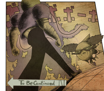  2boys alessi alessi_(cosplay) arm_hair aura bell black_pants blonde_hair blue_shirt bobobo-bo_bo-bobo bobobo-bo_bo-bobo_(character) brown_shoes colored_skin commentary cosplay dodododo don_patch gloves hair_bell hair_ornament highres jazz_jack jojo_no_kimyou_na_bouken lips meme midriff multiple_boys nose_hair oh?_you're_approaching_me?_(meme) orange_skin pants parody shirt shoes short_sleeves sound_effects spikes stardust_crusaders sunglasses to_be_continued translated voice_actor_connection white_gloves 