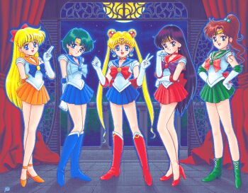  5girls aino_minako arms_behind_back back_bow bishoujo_senshi_sailor_moon bishoujo_senshi_sailor_moon_r black_eyes black_hair blonde_hair blue_bow blue_eyes blue_sailor_collar blue_shoes blue_skirt boots bow brooch choker circlet closed_mouth crescent crescent_earrings crystal_star_(sailor_moon) curtains double_bun earrings full_body full_moon gloves goto_p green_choker green_eyes green_sailor_collar green_shoes green_skirt hair_bobbles hair_bow hair_bun hair_ornament hand_up hands_on_own_hips hands_up high_heel_boots high_heels high_ponytail hino_rei inner_senshi jewelry kino_makoto knee_boots leotard long_hair looking_at_viewer magical_girl miniskirt mizuno_ami moon multiple_girls night open_mouth orange_choker orange_sailor_collar orange_shoes orange_skirt pleated_skirt ponytail purple_bow red_bow red_choker red_sailor_collar red_shoes red_skirt revision sailor_collar sailor_jupiter sailor_mars sailor_mercury sailor_moon sailor_senshi_uniform sailor_venus shoes short_hair signature skirt smile standing star_(symbol) star_earrings tsukino_usagi twintails v very_long_hair white_gloves white_leotard  rating:General score:5 user:danbooru
