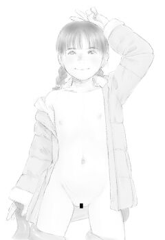 1girl arm_behind_head bar_censor braid censored coat flat_chest functionally_nude loli monochrome navel pussy smile standing tentacles twin_braids v winter_clothes winter_coat xiin