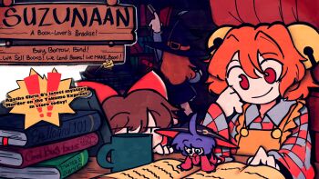  ! !! 4girls ahoge bell black_dress black_hat blonde_hair blush book bookshelf bookstore bow bowl bowl_hat brown_hair buckle checkered_clothes checkered_shirt chibi closed_mouth commentary cup curtains dress english_commentary english_text from_behind hair_bell hair_between_eyes hair_ornament hair_tubes hakurei_reimu hand_on_own_cheek hand_on_own_face hat hat_ribbon highres holding holding_book japanese_clothes jitome kimono kirisame_marisa long_hair long_sleeves medium_hair mini_person minigirl motoori_kosuzu mug multiple_girls open_book orange_hair orange_overalls overalls paper purple_hair reaching reading red_bow red_eyes red_kimono ribbon shirt shop sign slascoplerd sleeves_past_wrists smile squatting sukuna_shinmyoumaru swept_bangs tape touhou upper_body white_background white_sleeves wide_sleeves witch_hat wriggle_nightbug wriggle_nightbug_(bug) yellow_ribbon 