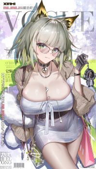  1girl absurdres animal_ear_fluff animal_ears arknights bag bell between_breasts black_gloves breasts cardigan cat_ears character_doll cleavage cover doctor_(arknights) doll dress earphones_removed fake_magazine_cover feather_boa glasses gloves green_eyes grey_dress highres huade_xiami kal&#039;tsit_(arknights) large_breasts long_sleeves magazine_cover medium_hair mole mole_on_breast neck_bell open_cardigan open_clothes shopping_bag solo 