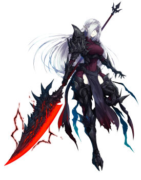 1girl armor artist_request beowulf_(taimanin_asagi) black_armor black_gloves blue_pupils closed_mouth electricity glaive gloves glowing glowing_weapon greaves grey_background grey_hair hair_over_one_eye highres holding holding_polearm holding_weapon long_hair pale_skin pauldrons pointy_ears polearm red_eyes shoulder_armor simple_background skull solo spikes taimanin_(series) taimanin_rpgx torn torn_clothes turtleneck vambraces weapon