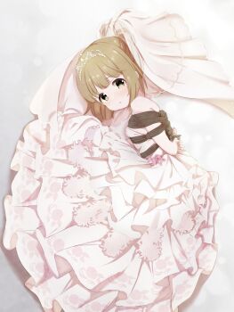 1girl :o absurdres arms_behind_back bare_shoulders bdsm blush bondage bound bound_arms bound_torso bound_wrists breasts bridal_veil bride brown_eyes brown_hair dress female_focus flower hair_between_eyes hair_bun hamuta_(machosbrown) highres idolmaster idolmaster_cinderella_girls kinbaku looking_at_viewer open_mouth perky_breasts rope shibari shibari_over_clothes short_hair simple_background small_breasts solo tiara veil wedding_dress white_dress yorita_yoshino rating:Questionable score:25 user:danbooru