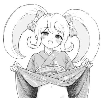  1girl big_hair blush blush_stickers bow cat_hair_ornament clothes_lift commentary_request danganronpa_(series) danganronpa_2:_goodbye_despair greyscale hair_bow hair_ornament highres japanese_clothes kimono kimono_lift lifting_own_clothes long_hair looking_at_viewer monochrome multiple_hair_bows navel nuudayo_nuudayo obi open_mouth saionji_hiyoko sash sidelocks smile solo stomach twintails upper_body  rating:Sensitive score:10 user:danbooru