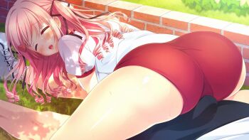 1boy 1girl ass blush buruma buttjob buttjob_over_clothes censored closed_eyes erection gym_uniform hair_ornament hair_ribbon hetero looking_back open_mouth out_of_frame penis pink_hair ribbon rubbing shiny_skin shirt shoes socks t-shirt trainers white_shirt rating:Explicit score:25 user:assjob