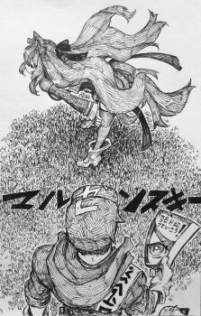  1boy 1girl absurdres akira_(manga) akira_movie_poster animal_ears baseball_cap bent_over book boots breasts character_request check_character check_copyright chronozbergh commentary copyright_request cropped_jacket english_commentary gloves greyscale hands_on_own_knees hat highres holding holding_book horse_ears horse_girl horse_tail jacket long_hair maruzensky_(umamusume) monochrome shima_tetsuo skirt sleeves_rolled_up tail thighhighs traditional_media umamusume very_long_hair 