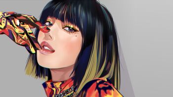  1girl am_202004 black_eyeliner black_hair blackpink blonde_streaks blue_eyes bob_cut eyeliner eyeshadow gloves hashtag-only_commentary lisa_(blackpink) looking_at_viewer makeup mascara pink_lips real_life simple_background solo yellow_eyeshadow 