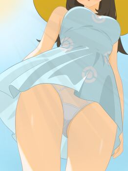  1girl absurdres armpit_crease bare_arms black_hair blue_dress blue_sky breasts dress from_below hat head_out_of_frame highres long_hair majikichi915 medium_breasts nintendo panties parted_lips poke_ball_print pokemon pokemon_sm print_dress sightseer_(pokemon) sky solo sun_hat sundress sunlight thighs underwear white_panties yellow_hat 
