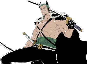  1boy belt black_cape black_gloves black_pants cape chest_strap commentary fake_horns feet_out_of_frame gloves green_hair grin haramaki highres holding holding_sword holding_weapon horns katana male_focus mcbuckwheat multiple_swords official_alternate_costume one_piece pants pectorals roronoa_zoro scar scar_across_eye scar_on_face short_hair smile solo sword symbol-only_commentary topless_male weapon white_background 