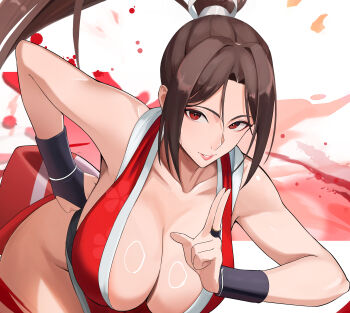 1girl absurdres bent_over breasts brown_hair cleavage collarbone commentary_request curvy fatal_fury hair_intakes hand_on_own_hip high_ponytail highres kuji-in large_breasts long_hair looking_at_viewer oruru63100814 parted_lips pelvic_curtain ponytail red_eyes ring_light_reflection shiranui_mai solo street_fighter street_fighter_6 thighs very_long_hair wide_hips 