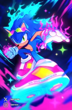  1boy absurdres artist_name blue_fire blue_fur clenched_hand eyewear_on_head fighting_stance fire flaming_hand flaming_head full_body furry furry_male glint gloves green-tinted_eyewear green_eyes grin hedgehog_boy highres instagram_logo instagram_username knee_up looking_at_viewer male_focus neon_palette pink_fire pink_shoes reaching reaching_towards_viewer shiiyou shoes smile solo sonic_(series) sonic_riders_(series) sonic_the_hedgehog sparle sunglasses tail tinted_eyewear twitter_username twitter_x_logo white-framed_eyewear white_gloves 